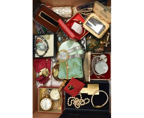 A BOX OF ASSORTED ITEMS, to include semi-precious gemstone jewellery such as a malachite bead neaklace, a coral branch neckla