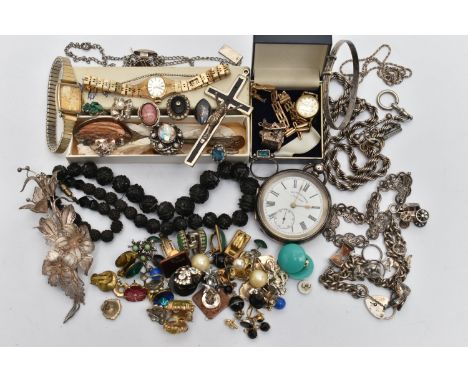 A BAG OF ASSORTED SILVER, COSTUME JEWELLERY AND WRISTWATCHES, to include a silver charm bracelet fitted with charms, links st