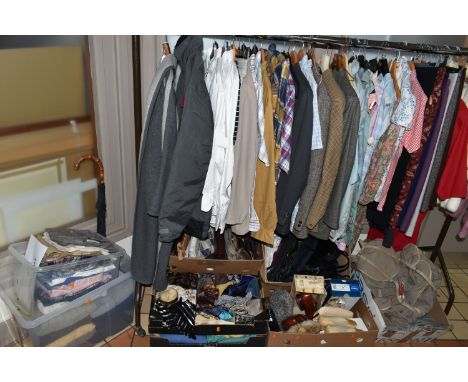 EIGHT BOXES AND LOOSE CLOTHING, to include a men's Daks wool suit, a Harris Meyer Saddle Master riding jacket,  two van Heuse