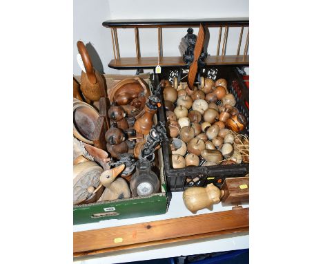 TWO BOXES AND LOOSE TREEN, to include a wooden shelf in the form of a biplane, length 75cm, and another in the form of a vint