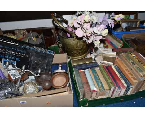 SIX BOXES AND LOOSE BOOKS, VINTAGE TINS, METALWARES AND SUNDRY ITEMS, to include sixty books including antiquarian and vintag