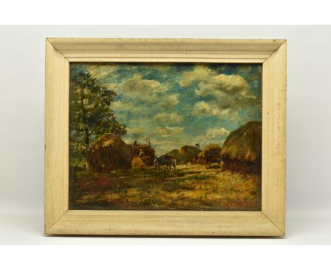 CIRCLE OF MARK FISHER (1841-1923) 'HAYSTACKS, WIDDINGTON, ESSEX', a harvesting scene with figures and carts, indistinct signa