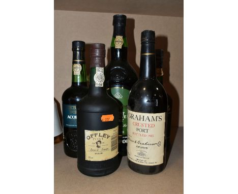 FIVE BOTTLES OF  NON-VINTAGE PORT comprising one bottle of Graham's Crusted Port, bottled 1985, 75cl, one bottle of Offley Ba