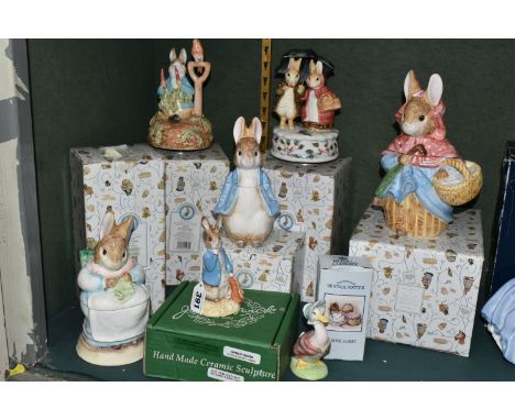 SEVEN BOXED BEATRIX POTTER CERAMIC ORNAMENTS ETC, comprising a Beswick Peter and the Red Pocket Handkerchief figure, first ve