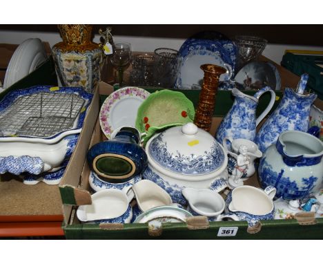 TWO BOXES OF CERAMICS, to include a large Mason's blue and white 'Vista' patterned vase/planter with original grill, a collec