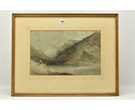 CIRCLE OF GEORGE JONES (1786-1869) 'SNOWDON', a Welsh water landscape with a figure carrying a load on their back, cattle at 