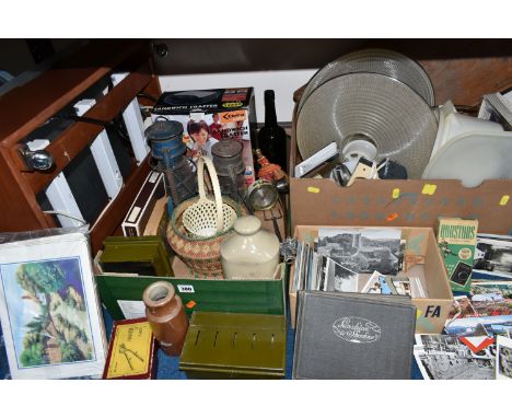 THREE BOXES AND LOOSE LIGHT TABLE, POSTCARDS AND SUNDRY ITEMS, to include a small light table/box, approximate height 21.5cm 