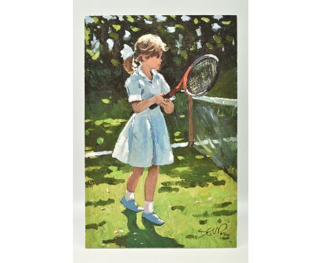 SHERREE VALENTINE DAINES (BRITISH 1959) 'PLAYFUL TIMES I', a signed limited edition print on board depicting a young girl pla
