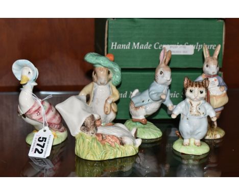 SIX BESWICK AND ROYAL ALBERT BEATRIX POTTER FIGURES, comprising Beswick Jemima Puddle-Duck, Tom Kitten, and Peter Rabbit, all