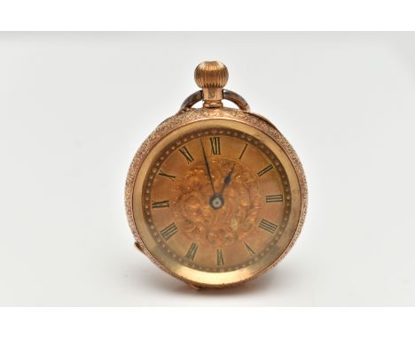 A LADYS YELLOW METAL OPEN FACE POCKET WATCH, manual wind, round floral detailed gold dial, Roman numerals, blue steel hands, 