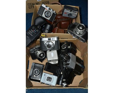 TWO TRAYS CONTAINING VINTAGE CAMERAS AND EQUIPMENT including a Bell and Howell Electric Eye, a Kodak Six 20 HAwkeye, a Chinon