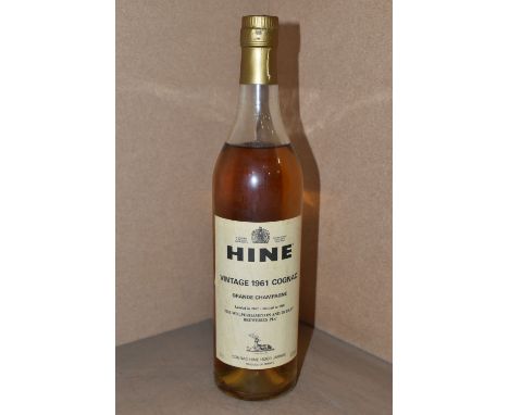 ONE BOTTLE OF  HINE VINTAGE 1961 GRAND CHAMPAGNE COGNAC, landed 1962, bottled 1986, 40% vol. 70cl, fill level lower shoulder,
