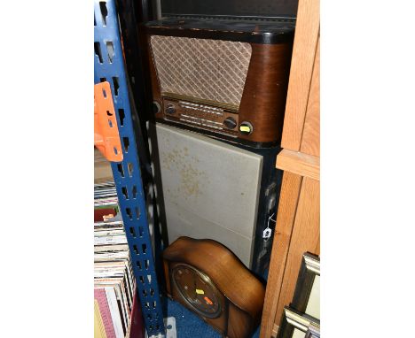 A PORTABLE RECORD PLAYER, A VINTAGE RADIO AND A MANTEL CLOCK, comprising a Philips Stereo portable record player in a grey/da