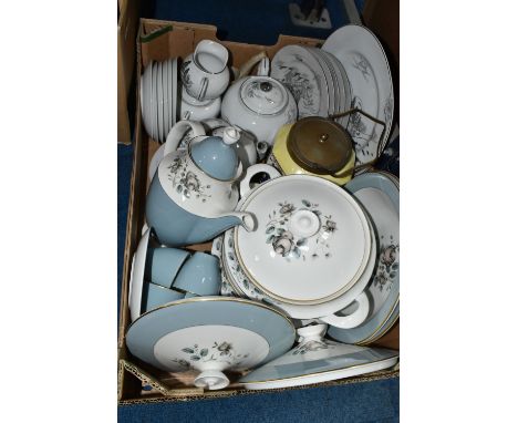 A BOX OF TEA AND DINNER WARES ETC, comprising Royal Doulton 'Rose Elegans' tureens, covered vegetable dishes, coffee pot, six