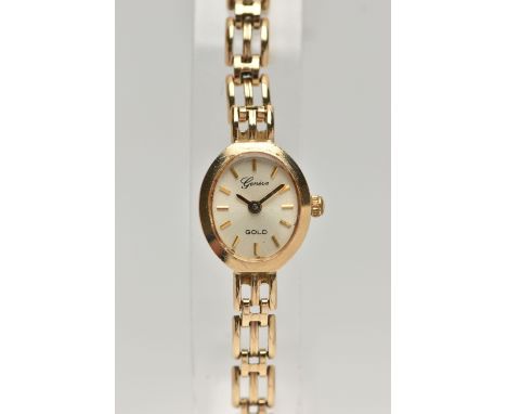A 9CT GOLD LADYS WRISTWATCH, quartz movement, oval dial signed 'Geneve Gold' baton markers, yellow gold case, approximate cas