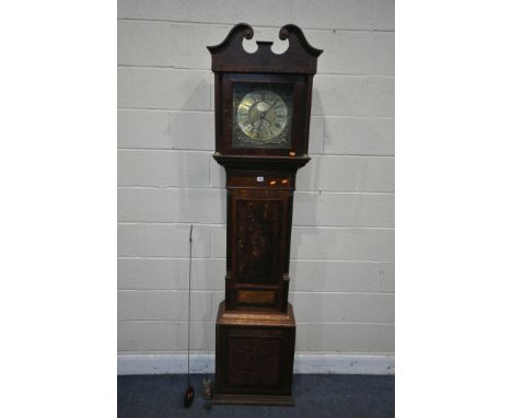 A GEORGIAN OAK, MAHOGANY AND CROSSBANDED 30 HOUR LONGCASE CLOCK, the hood with a swan pediment and reeded pillars, flanking a