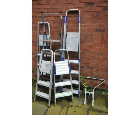 FIVE SETS OF LADDERS comprising four sets of aluminium ladders/stepladders and a vintage set of ladders with tubular frame an