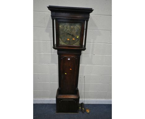 THOMAS MOSS OF FRODSHAM, A GEORGE III OAK EIGHT DAY LONGCASE CLOCK, the box hood with Corinthian style pillars, flanking a gl