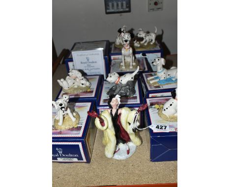 EIGHT BOXED ROYAL DOULTON 'DISNEY'S 101 DALMATIANS' FIGURES, comprising Cruella de Vil DM1, Penny DM2, Penny and Freckles DM3