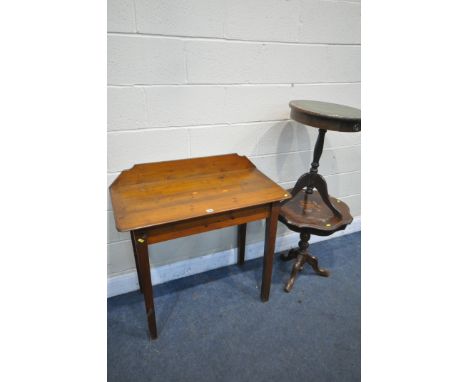 A PINE SIDE TABLE, width 92cm x depth 46cm x height 88 cm, along two tripod tables (condition:- both tripod tables distressed