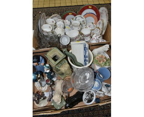 TWO BOXES OF CERAMICS AND GLASSWARE, including three pieces of Wedgwood jasperware, Paragon 'Victoriana Rose' tea wares, thre