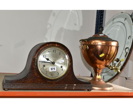 A CIRCULAR ART DECO STYLE WALL MIRROR, diameter 50cm, together with an oak cased  mantel clock, missing key, and a  copper co