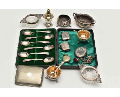 A BOX OF ASSORTED SILVER ITEMS, to include a cased set of six old English pattern silver teaspoons, each hallmarked Sheffield