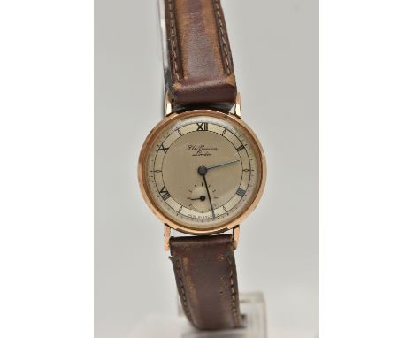 A GENTS 9CT GOLD 'J.W.BENSON' WRISTWATCH, manual wind (missing crown), round silvered dial signed 'J.W.Benson, London', alter