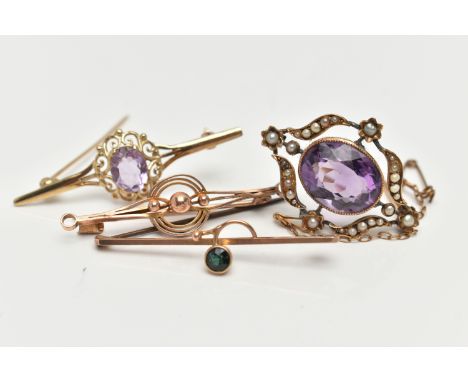FOUR BROOCHES, the first set with an oval cut amethyst with a split pearl surround, in an unmarked yellow metal mount, fitted