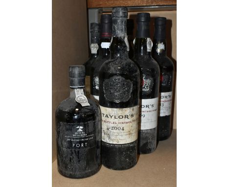 SIX BOTTLES OF  LATE BOTTLED VINTAGE PORT and one bottle of Distinction Port comprising four bottles of Taylor's LBV, 2004, 2