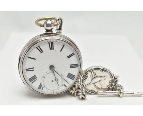 A LATE VICTORIAN SILVER OPEN FACE POCKET WATCH AND AN ALBERT CHAIN, key wound, round white dial, Roman numerals, blue steel h