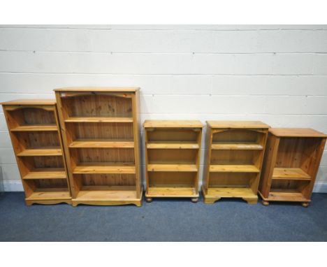 FIVE VARIOUS MODERN PINE OPEN BOOKCASES, of various sizes, largest bookcase width 83cm x depth 32cm x height 138cm (missing f