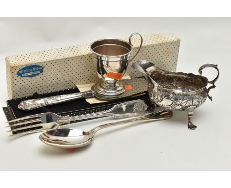 A SMALL PARCEL OF SILVER, comprising a George III silver sauce boat of oval form with S scroll handle, later foliate embossed