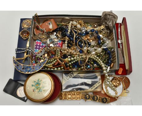 A BOX OF ASSORTED COSTUME JEWELLERY, to include a 'Sarah Cov' chain, a 'Corocraft' four leaf clover necklace, a selection of 