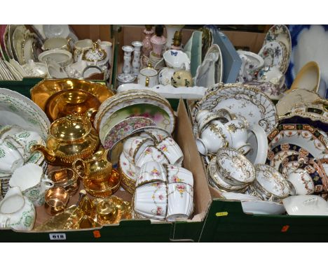 FIVE BOXES OF TEA AND DINNER WARES ETC, to include Roslyn China 5532 pattern cups and saucers, Barker Brothers Flaxman 1867 p
