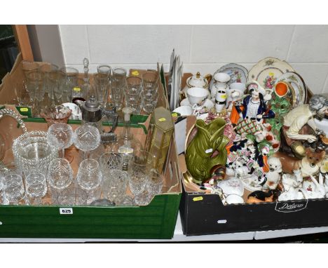 FOUR BOXES OF CERAMICS, GLASS, ETC, including a Victorian Staffordshire spill vase, a pair of Victorian Staffordshire figures