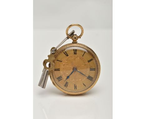 A LATE VICTORIAN 18CT GOLD OPEN FACE POCKET WATCH, key wound, gold floral detailed dial, Roman numerals, blue steel hands, wi