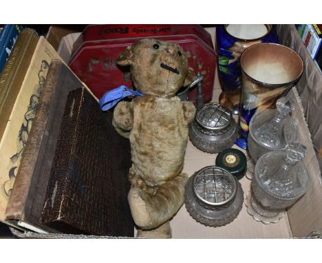 A BOX OF CERAMICS, GLASS, ROYAL COMMEMORATIVE BOOKS, ETC including a 30th volume of Punch, an early 20th century jointed tedd