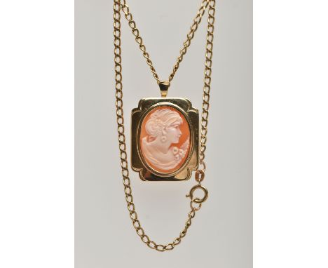 A 9CT GOLD CAMEO PENDANT/BROOCH AND CHAIN, the oval carved shell cameo depicting a lady in profile, within a polished rectang