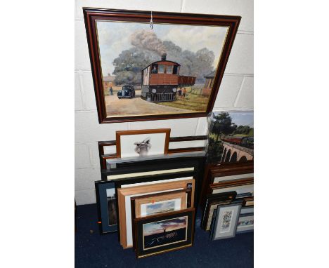 A QUANTITY OF PICTURES, PRINTS AND EPHEMERA ETC, to include an oil on board depicting a steam train with children running bes