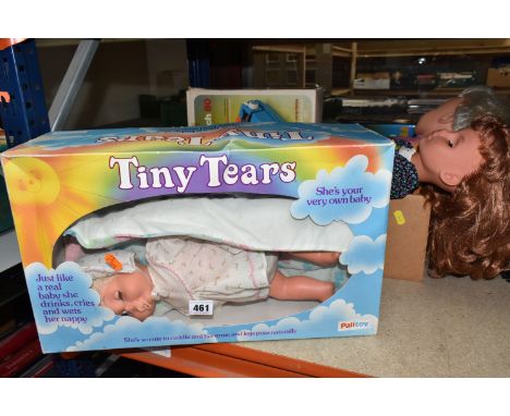 A BOX AND LOOSE TOYS, comprising a boxed Palitoy Tiny Tears doll, two 1970s Palitoy Walkie Talkie dolls wearing original/peri