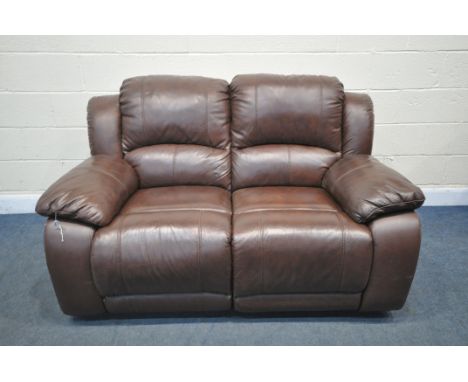 A BROWN LEATHER MANUAL RECLINING TWO SEATER SETTEE, length 162cm (condition:-one seat slightly worn)