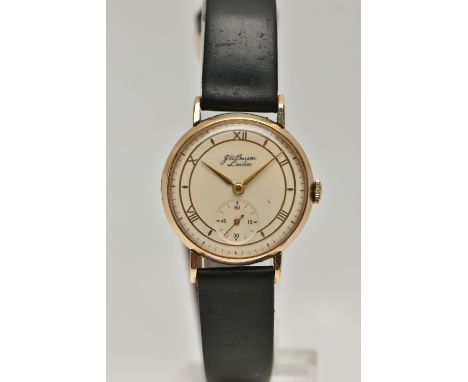 A GENTS 'J.W.BENSON' 9CT GOLD WRISTWATCH, manual wind, round cream dial signed 'J.W.Benson, London', alternating Roman numera