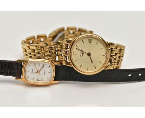 A LADYS 'LONGINES' WRISTWATCH AND A TIMEX WATCH, quartz Longines, round gold dial signed 'Longines', Roman numeral twelve wit