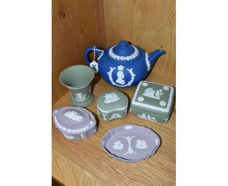 SIX PIECES OF WEDGWOOD JASPERWARES, comprising a mid blue teapot decorated with busts of HM Queen Elizabeth II and HRH Duke o