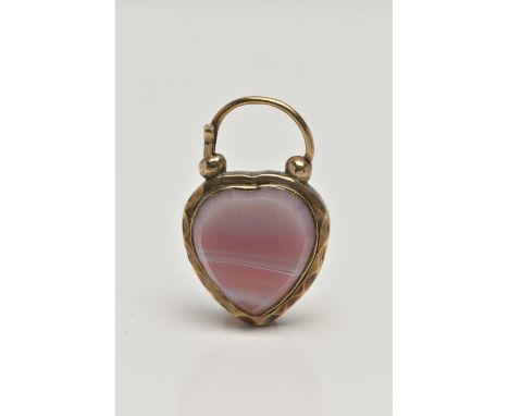 A YELLOW METAL MOURNING PADLOCK CLASP, heart shape padlock, set with a sardonyx inlay to one side and a woven brown hair inse