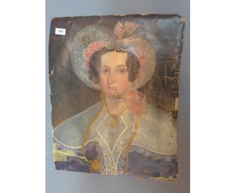 An 18th Century and later oil on canvas portrait of a lady, unframed and in distressed condition H:59cm W:49cm