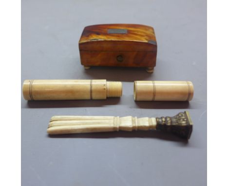 An ivory needle case, bone seal and small 19th century tortoiseshell trinket box