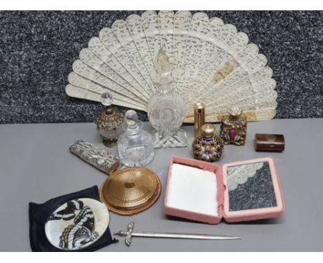 Vintage Kigu ladys powder compact with original slip &amp; applicator, decorative perfume bottles including stuart crystal, e