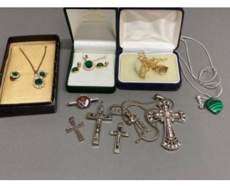 A silver and enamel blood transfusion brooch by Fattorini &amp; Sons 6g gross, a malachite pendant on silver chain, and other